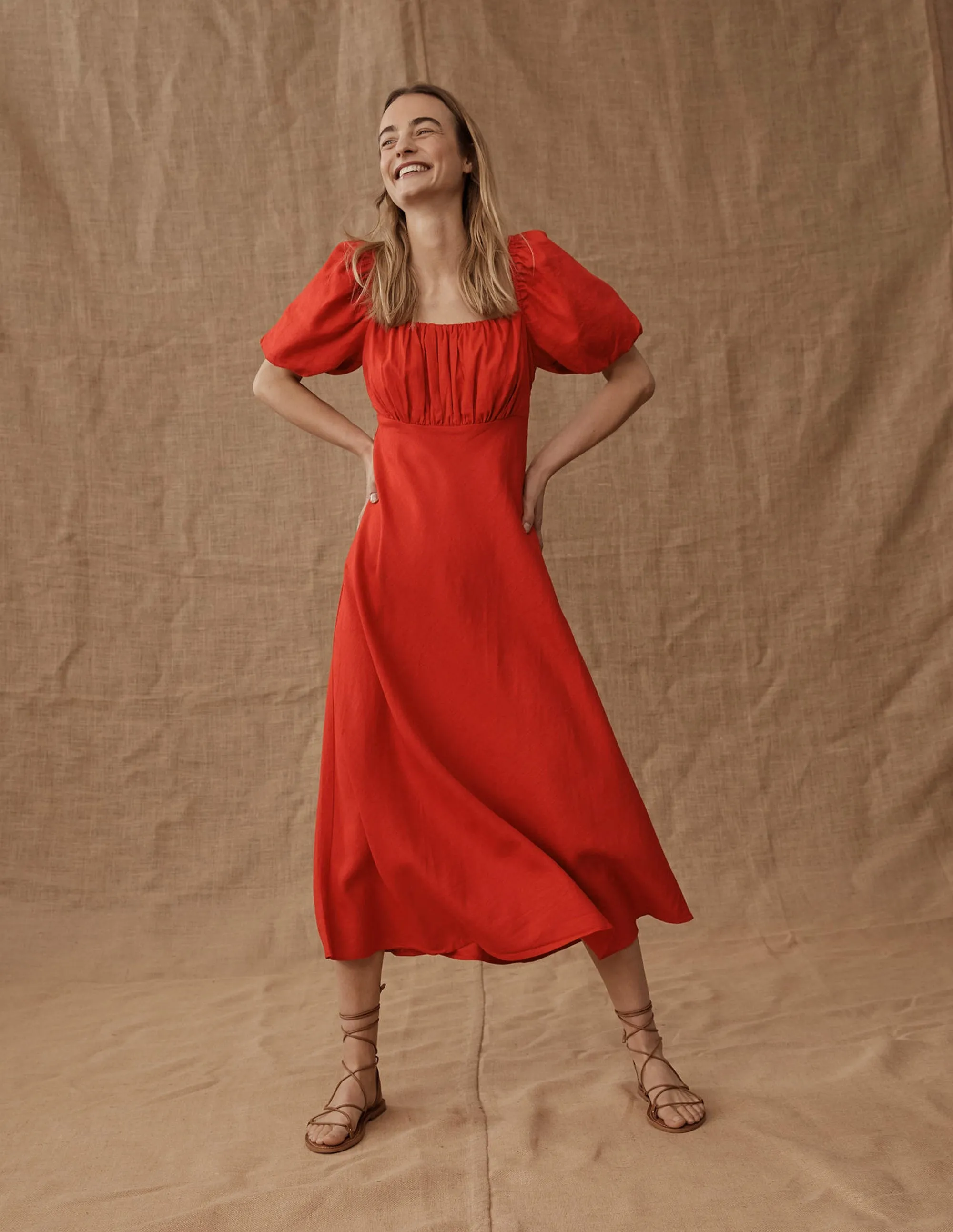Ruched Bodice Midi Dress-Vermillion