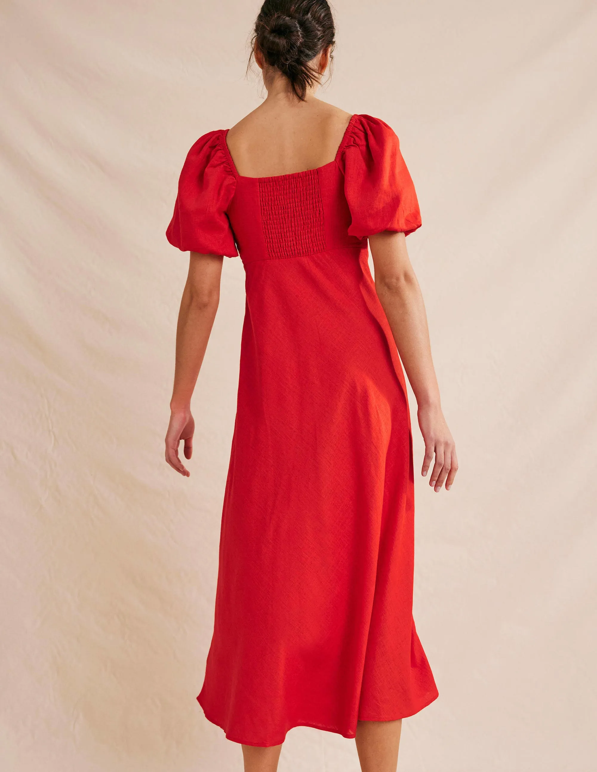 Ruched Bodice Midi Dress-Vermillion