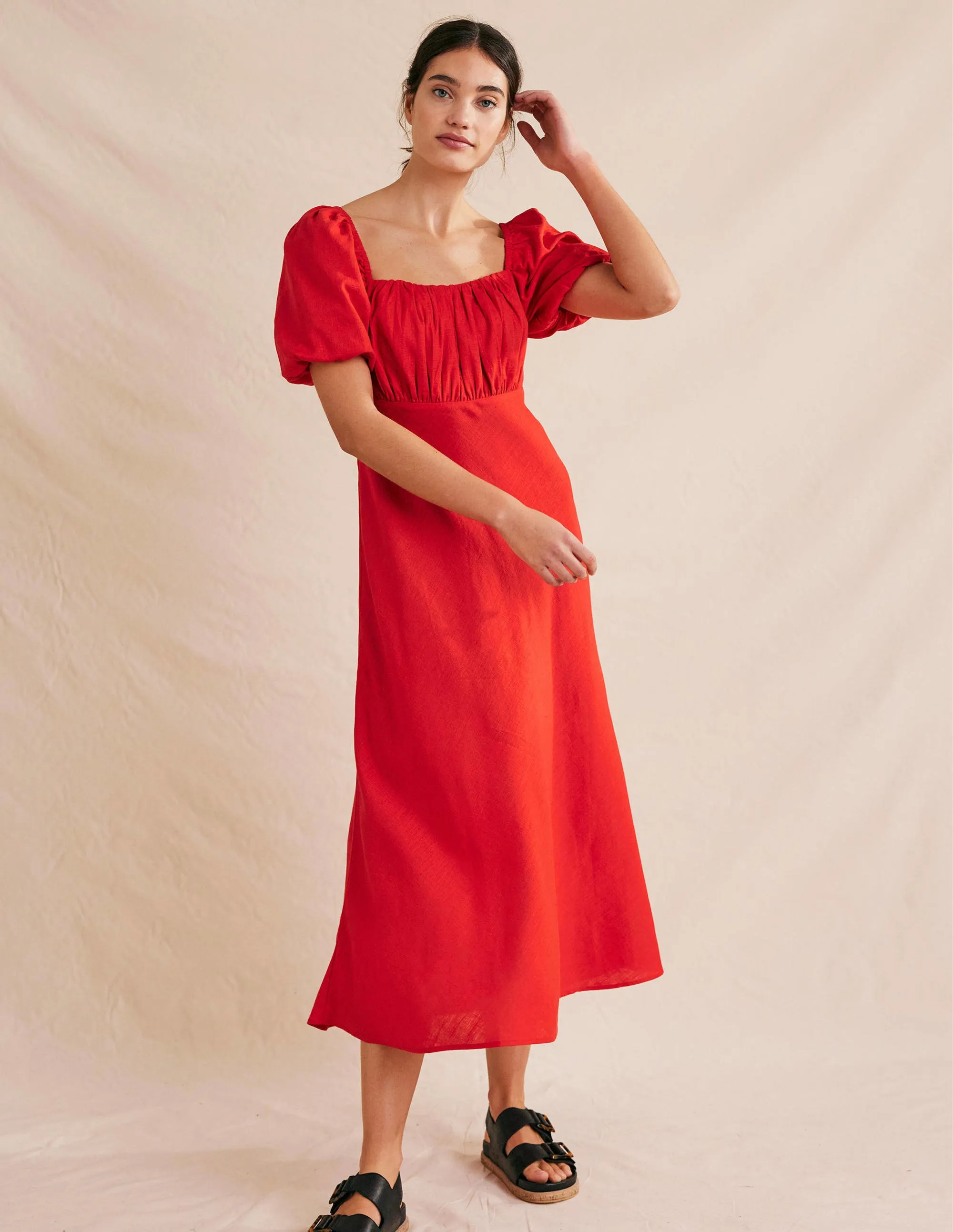 Ruched Bodice Midi Dress-Vermillion