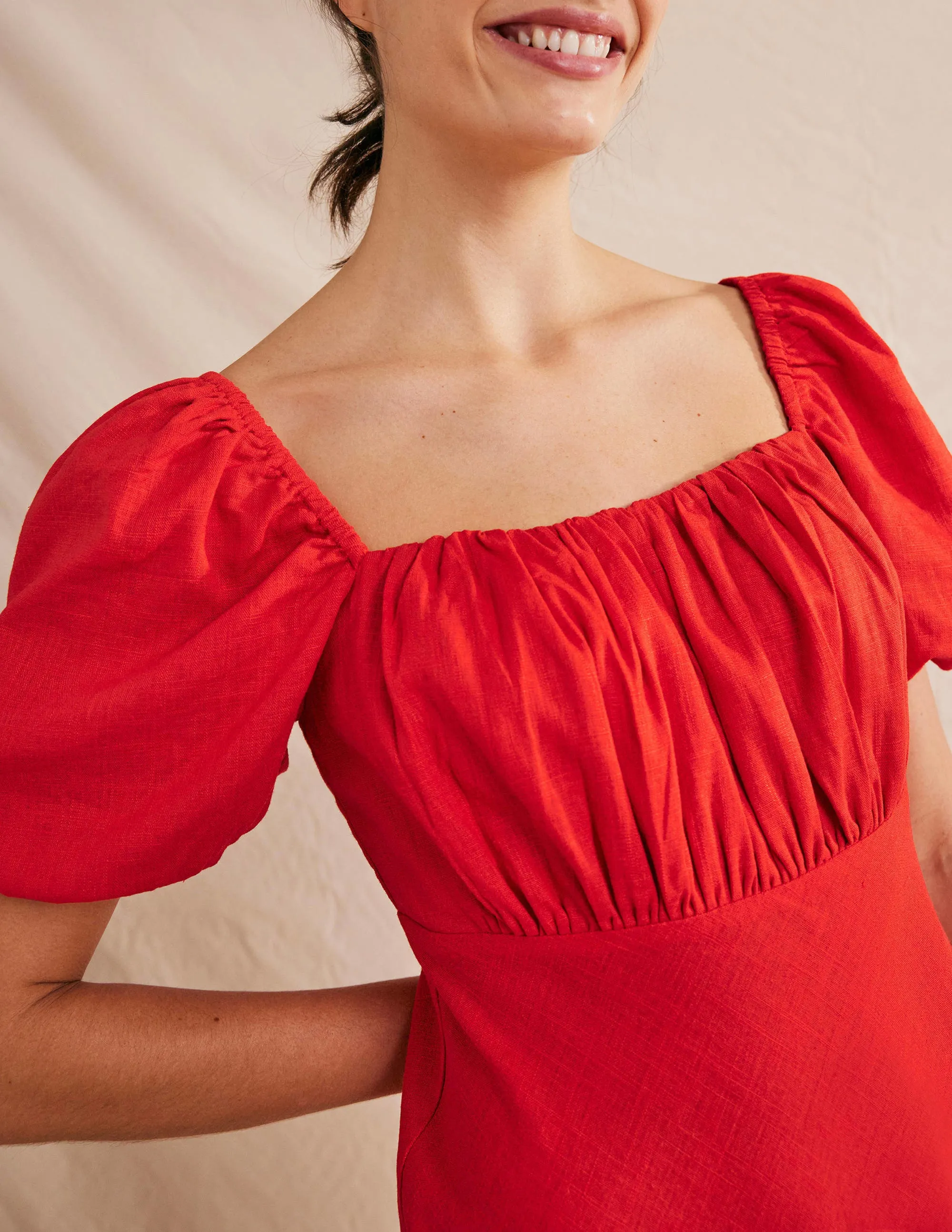 Ruched Bodice Midi Dress-Vermillion
