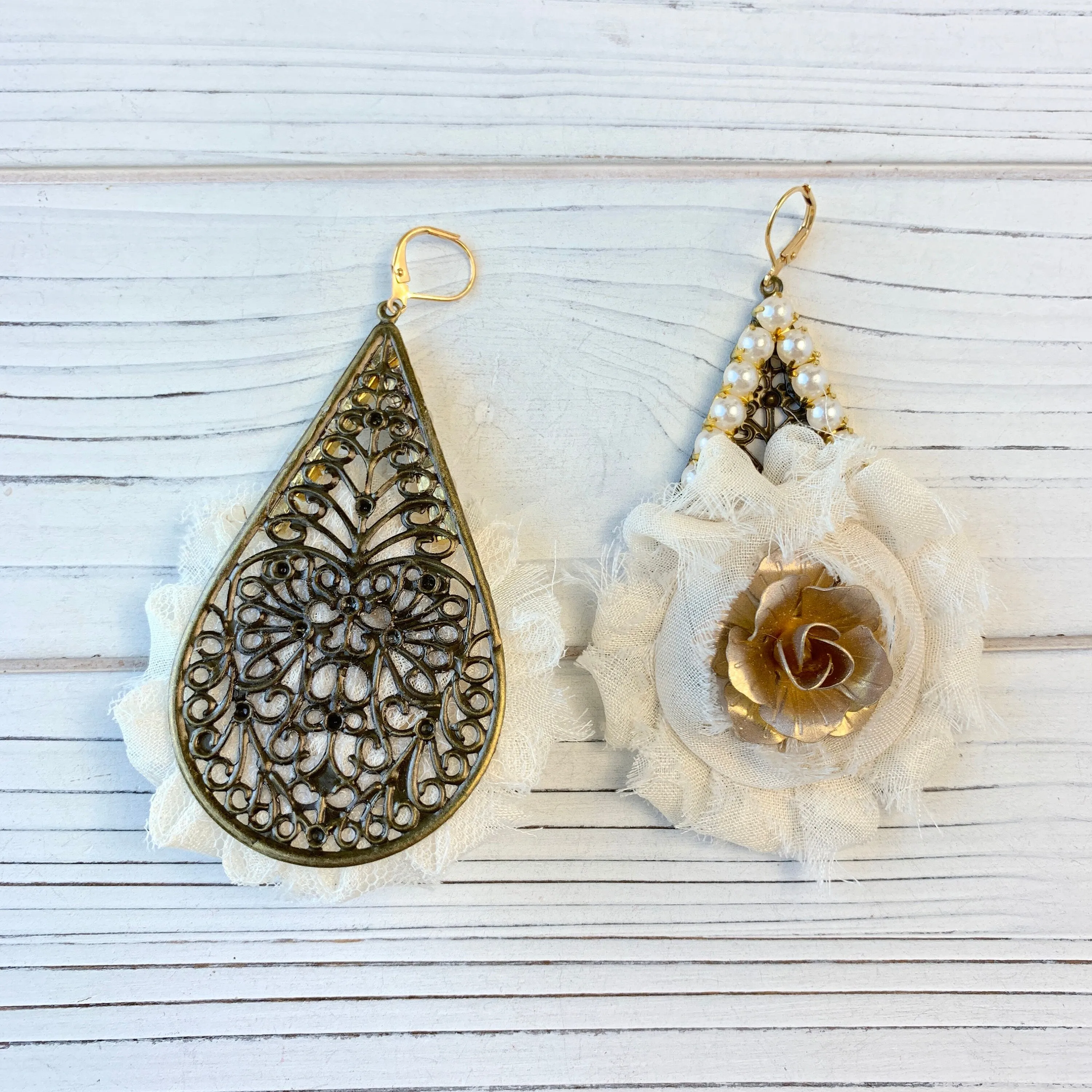 Shabby Chic Rosette Drop Statement Earrings in Creamy White