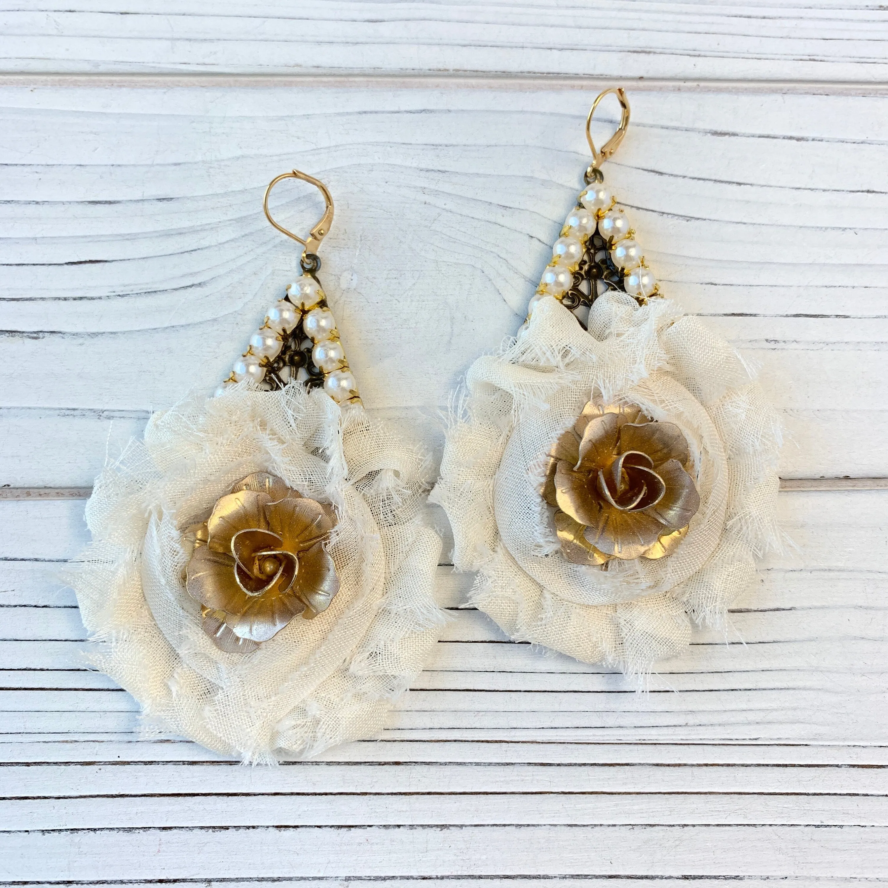 Shabby Chic Rosette Drop Statement Earrings in Creamy White