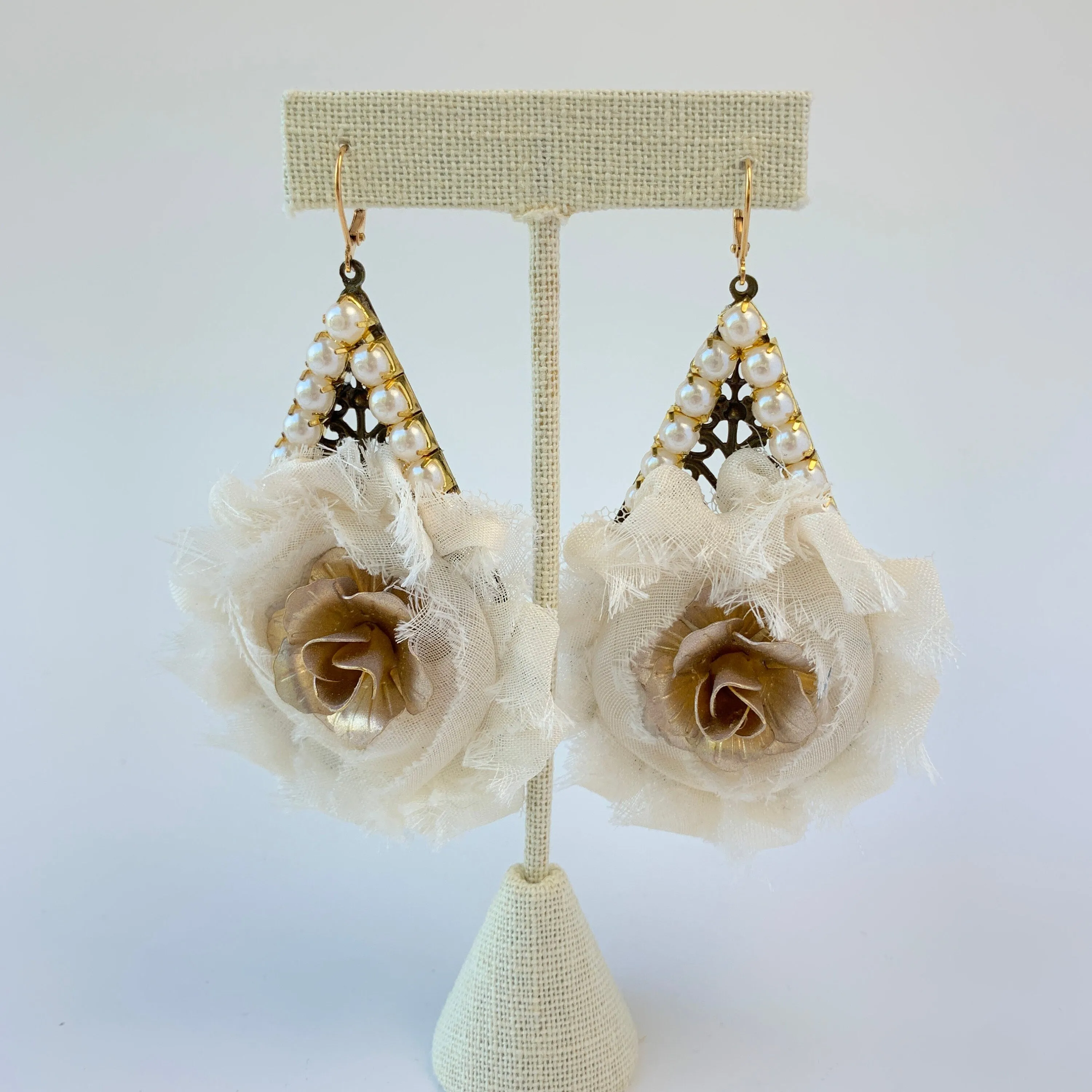 Shabby Chic Rosette Drop Statement Earrings in Creamy White