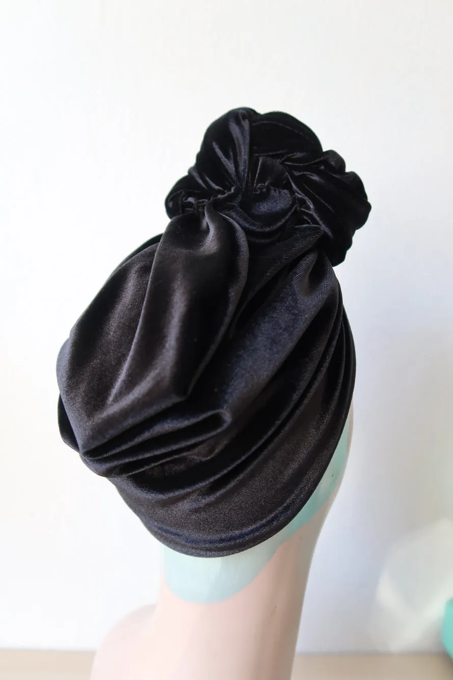 SLOUCHY KNOT Velvet Pre-tied Stretchy 1940s Style Turban (Full Coverage) in 4 Colours (made to order)