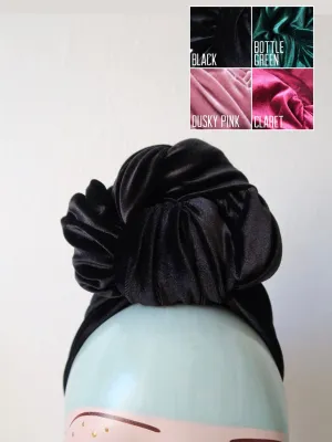 SLOUCHY KNOT Velvet Pre-tied Stretchy 1940s Style Turban (Full Coverage) in 4 Colours (made to order)