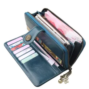 Wallets for Women Clutch Purses iPhone, Vintage Oil Wax Leather Wallets Long Purse Phone Pouch Zipper