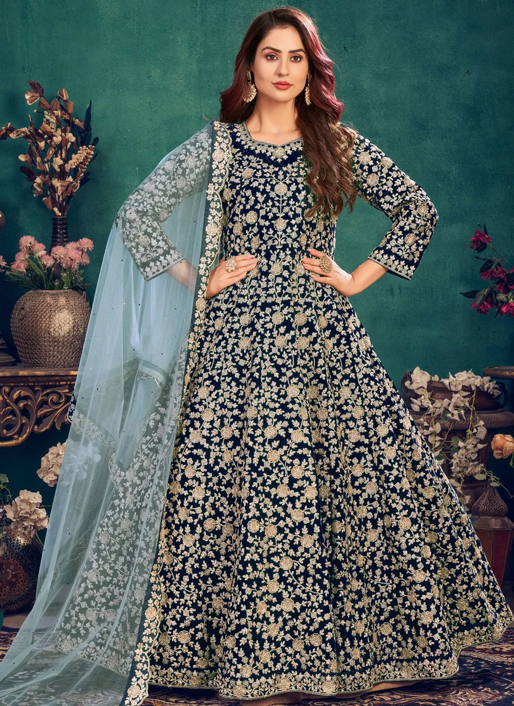 Wedding Wear Royal Blue Velvet Designer Anarkali Suit