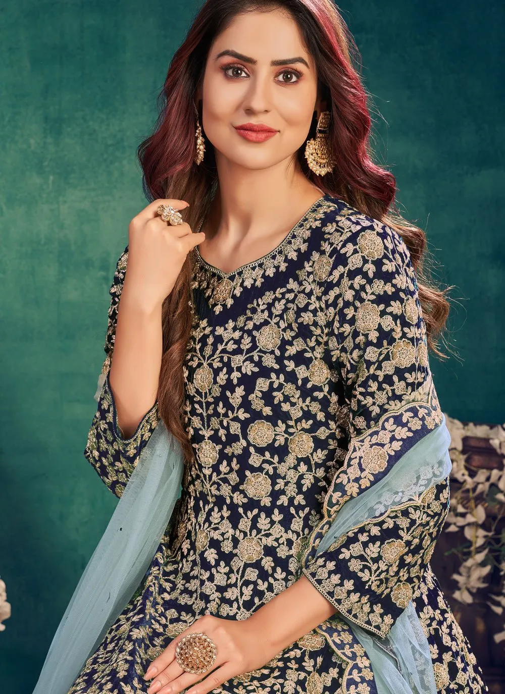 Wedding Wear Royal Blue Velvet Designer Anarkali Suit