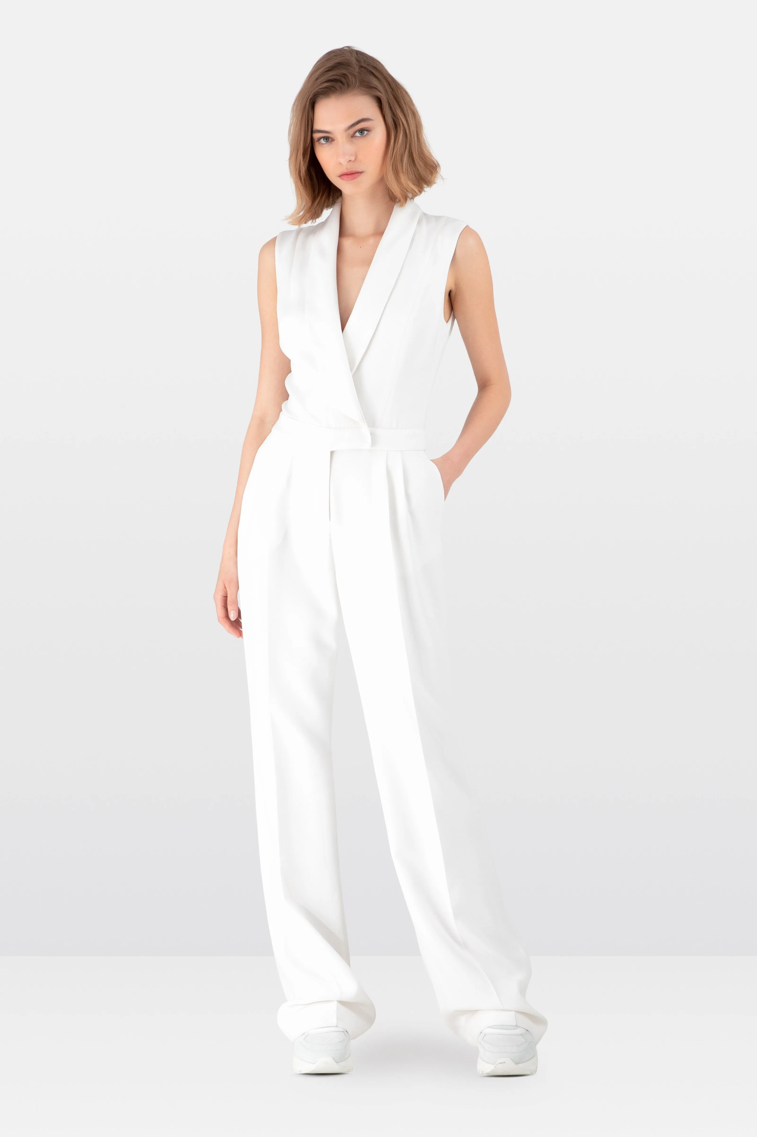 White Satin Crepe Tuxedo Jumpsuit