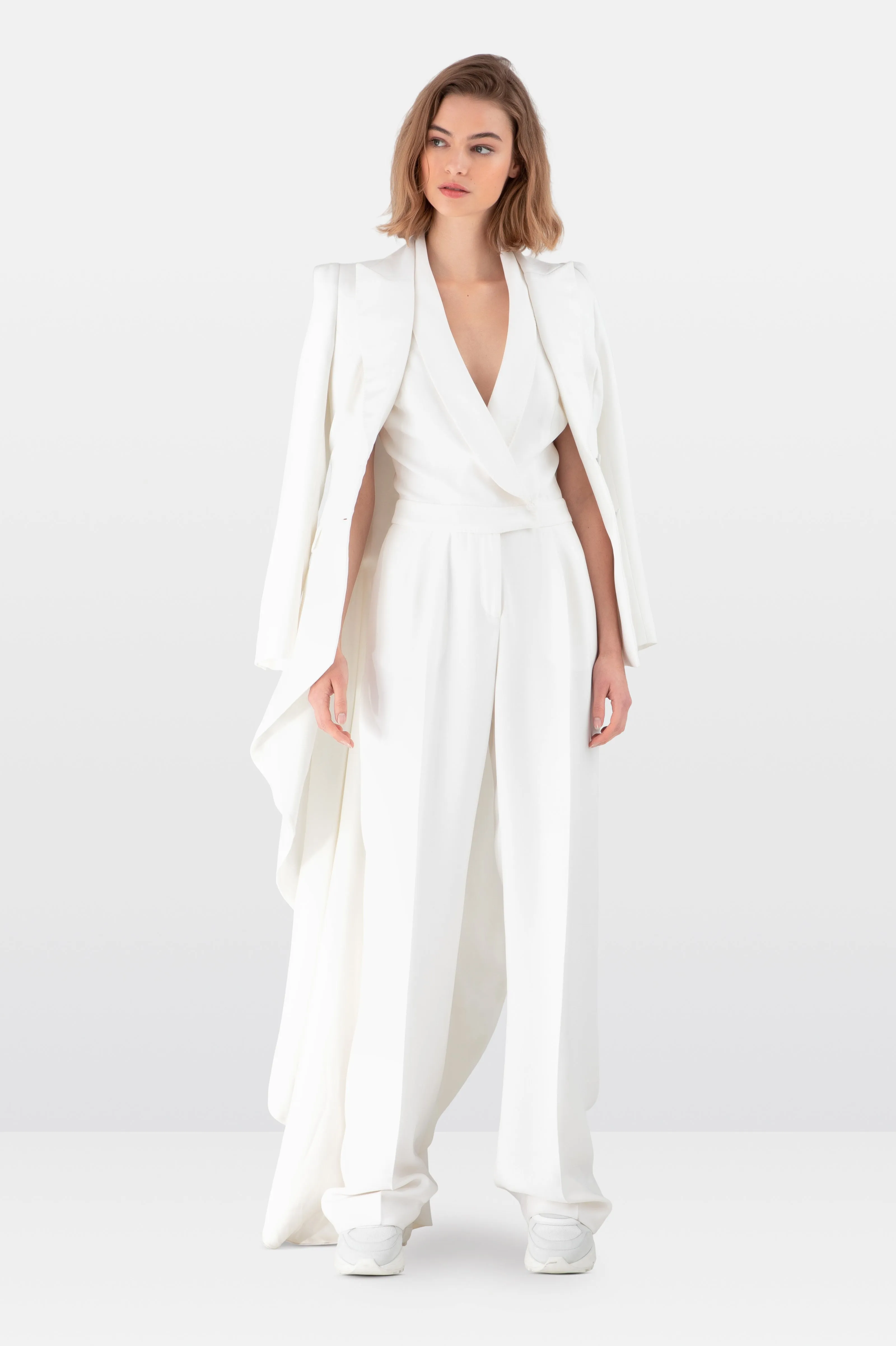 White Satin Crepe Tuxedo Jumpsuit