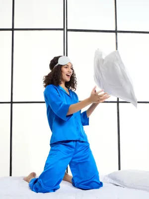 Women Cobalt Blue Satin Notch Collar Shirt With Lounge Pants
